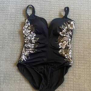 Miraclesuit Black One-Piece Swimsuit with White Floral Embroidery Size 16